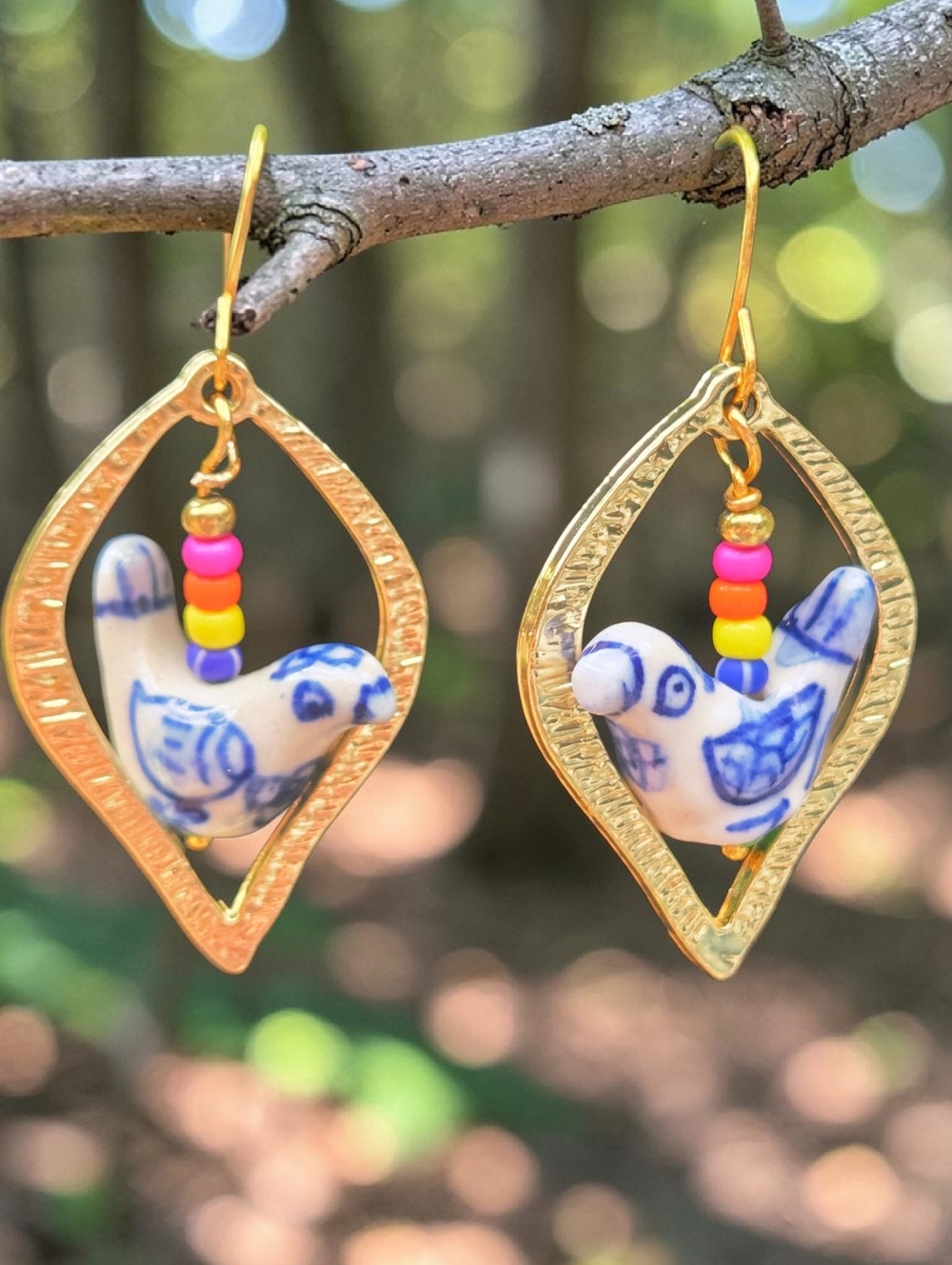 Gold Teardrop Earrings with Blue White Ceramic Bird and Multicolor Beads
